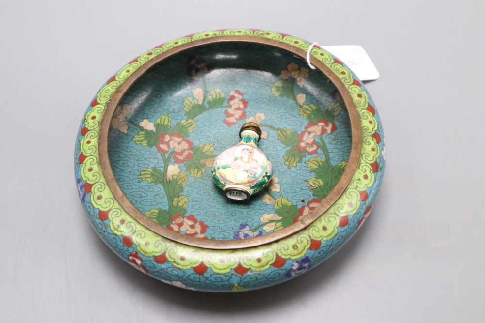 A Chinese cloisonne enamel bowl, diameter 20cm and a scent bottle